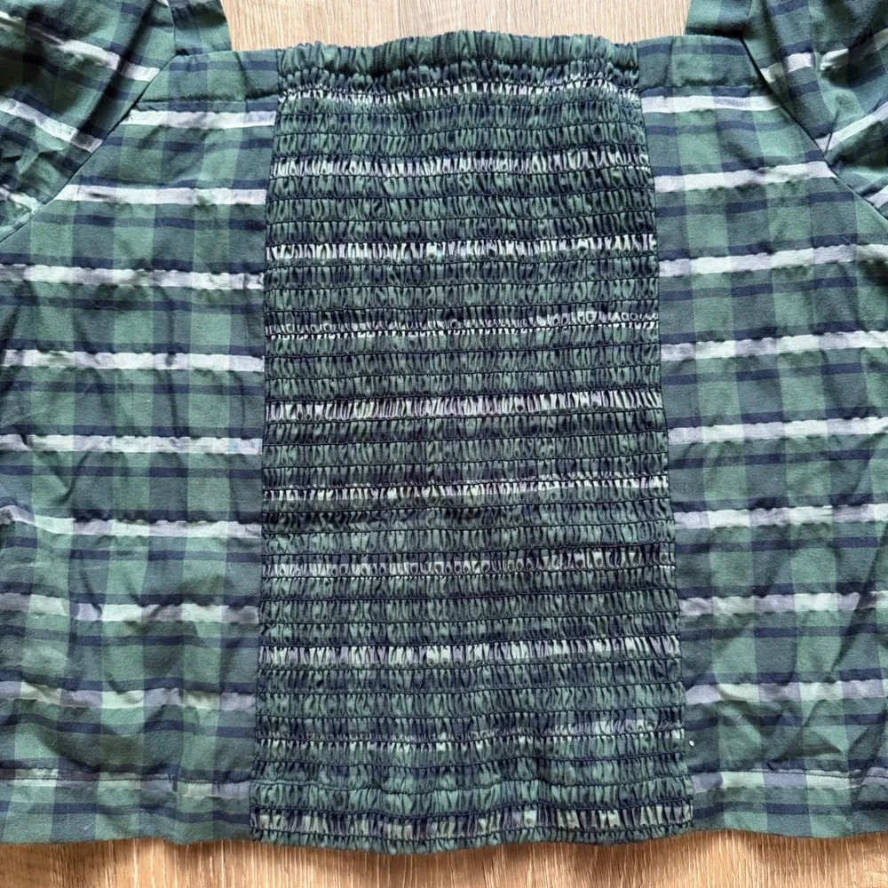 Madewell‎ Green Plaid Puff-Sleeve Square Neck Smocked Crop Top Medium Preppy